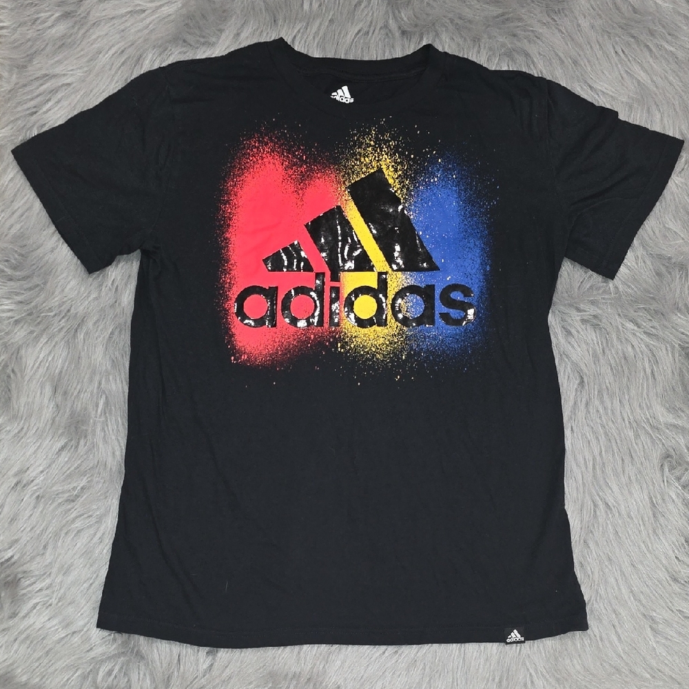Adidas Black Tee with Red, Yellow, and Blue Logo